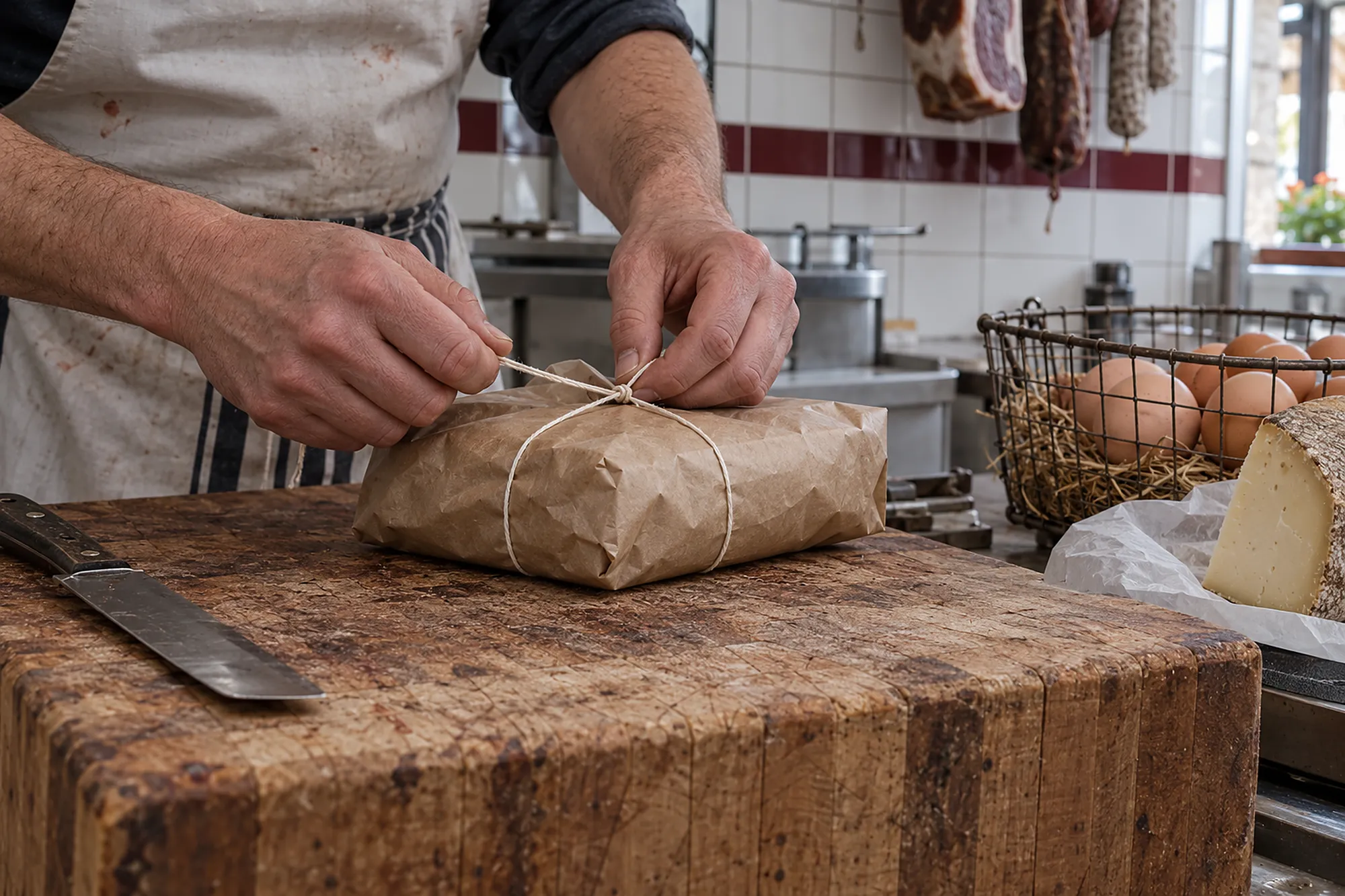 Hände binden Schnur um ein Paket in Metzgerpapier, daneben ein Drahtkorb mit Eiern und ein Stück Bergkäse (KI-Illustration)