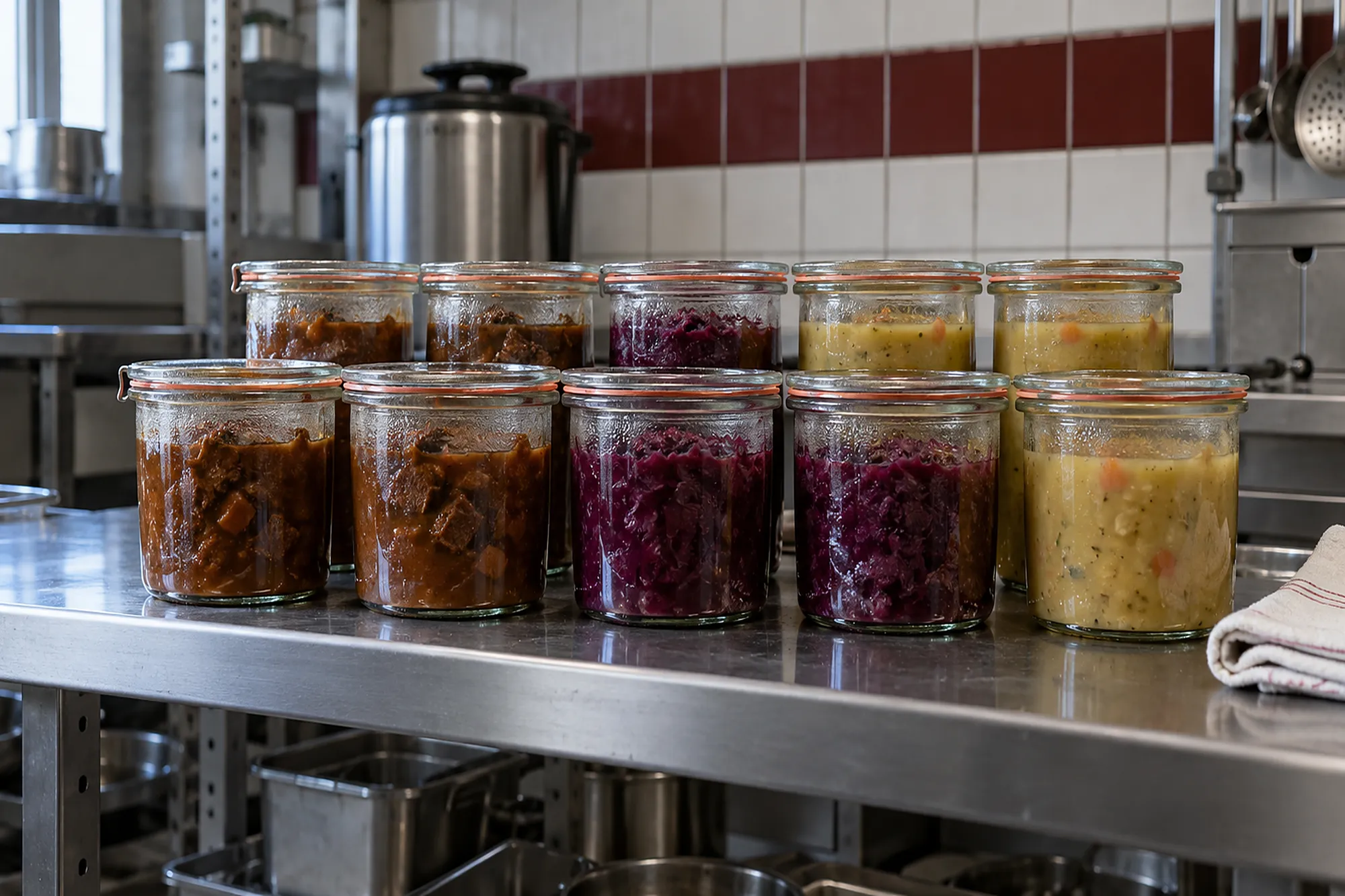 Zwei Reihen frisch gefüllter Einmachgläser mit Gulasch, Blaukraut und Erbsensuppe auf einem Edelstahlregal (KI-Illustration)