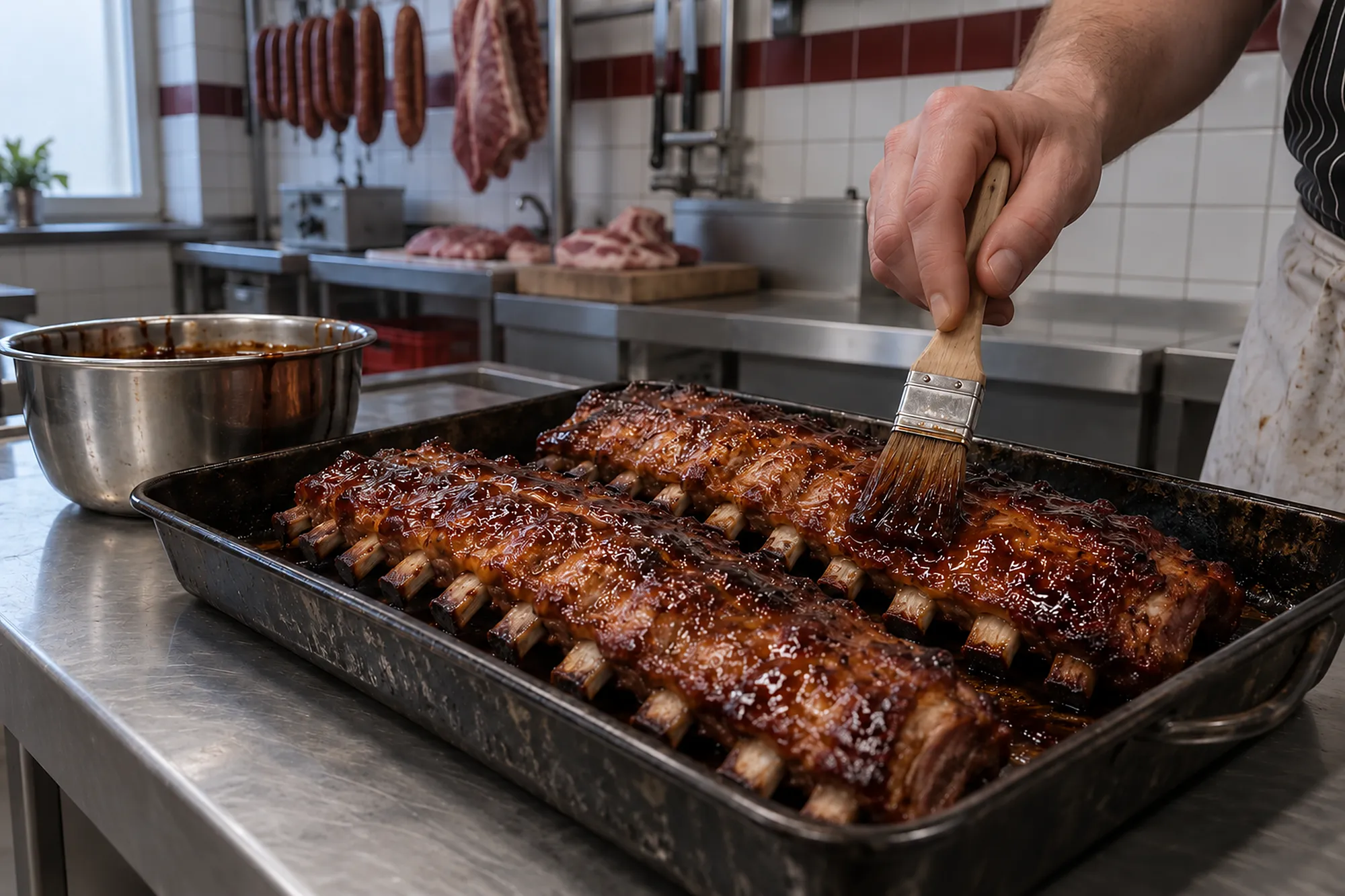 Eine Hand pinselt dunkle Glasur auf zwei Leiterstücke Spareribs in einer Bratreine (KI-Illustration)