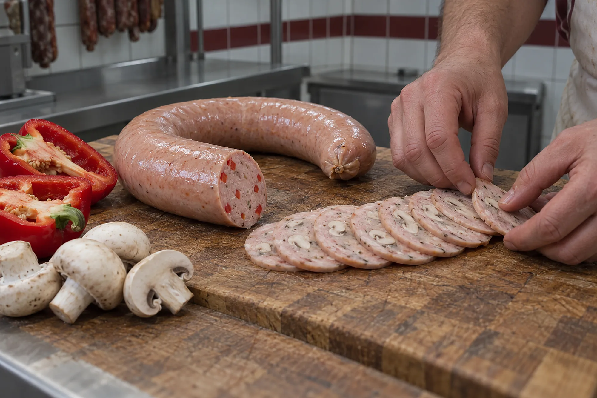 Hände legen Scheiben Champignonwurst neben einen angeschnittenen Ring Paprikawurst, frische Paprika und Champignons auf einem Hackblock (KI-Illustration)